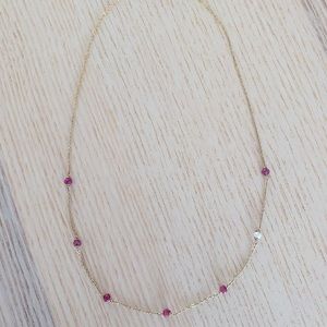Lovely, minimalist, dainty 14k gold filled necklace with rubies and one pearl.